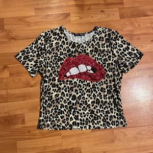 Shein Women’s Red Sequin Lips Leopard Print Top Size Medium